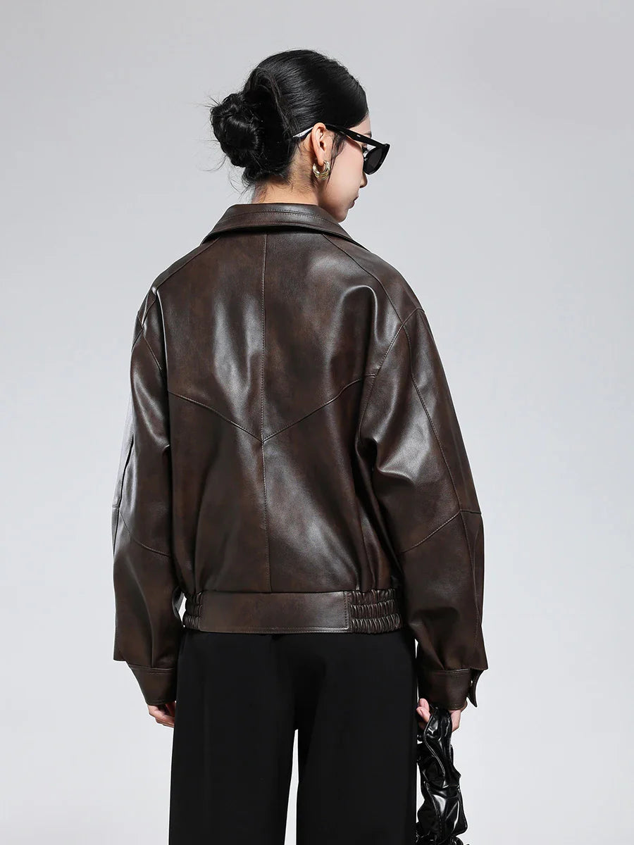 Casual Luxury Distressed Brown PU Leather Jacket