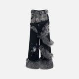 Luxury Double Waisted Fur Patchwork Ripped Denim Jeans