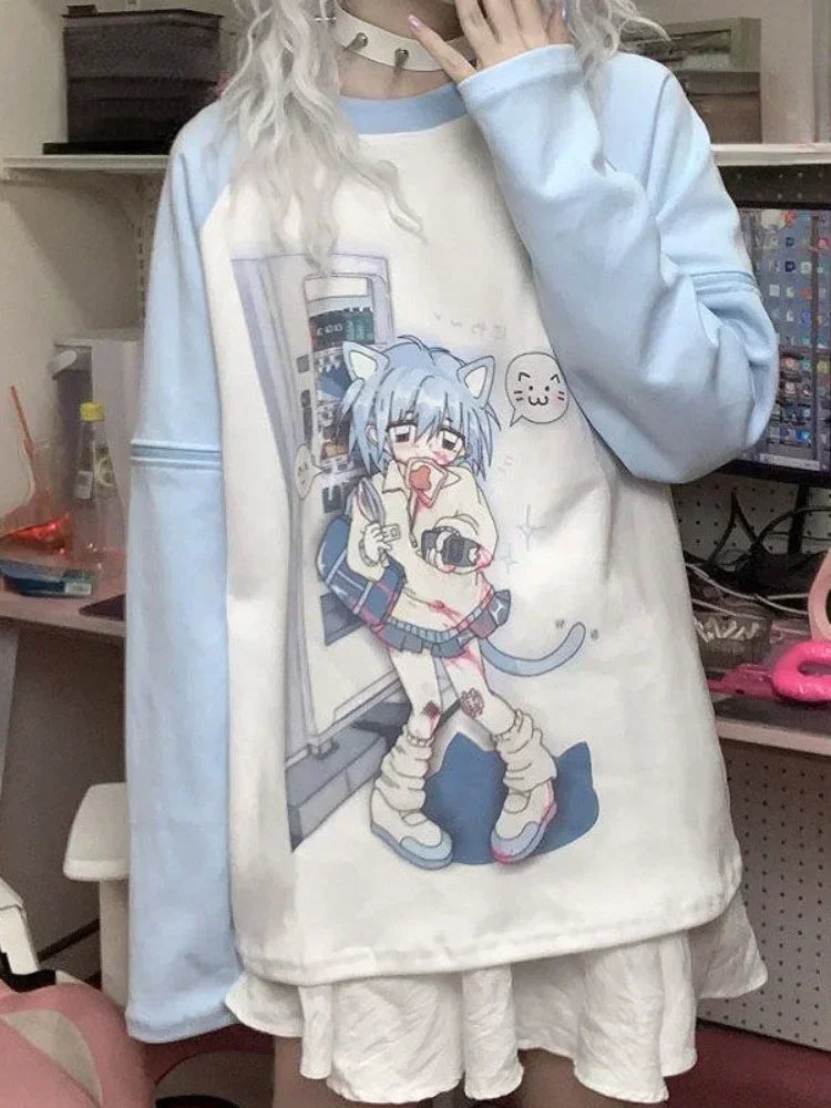 T-Shirt mit abnehmbarem Ärmel und Kawaii-Katzenprint