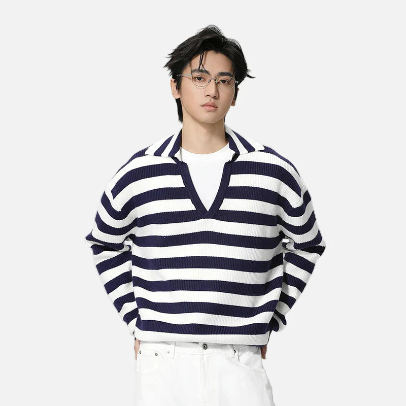 Strickpullover mit V-Ausschnitt und kontrastierender Farbe, lockerer Passform