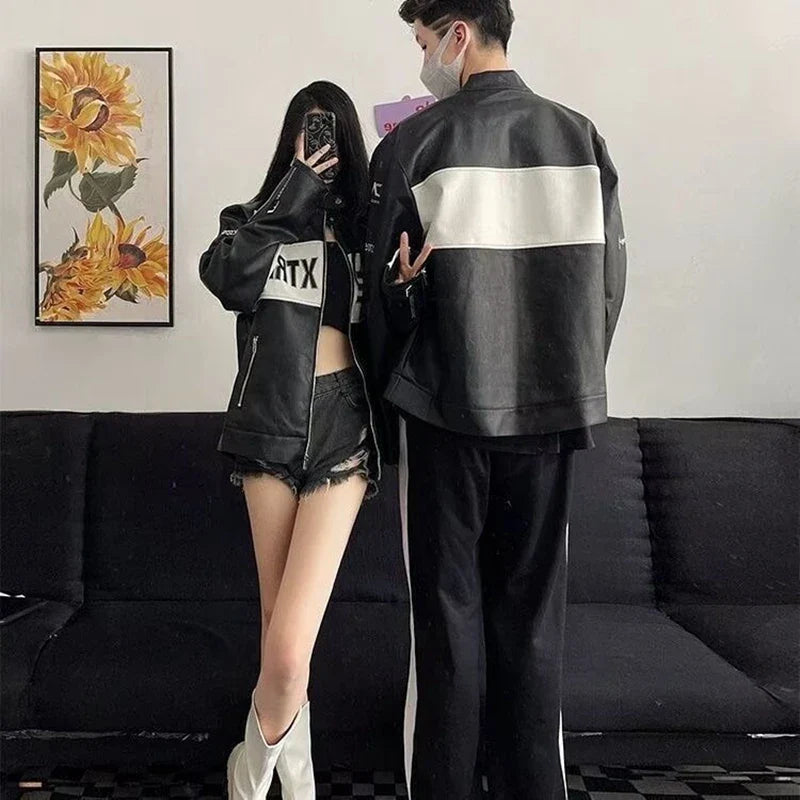 Streetwear Retro Loose High Street Varsity Leather Jacket