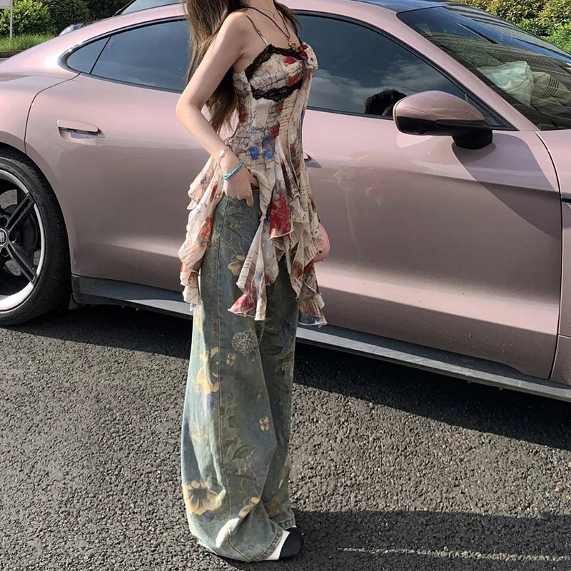 レディース シック レトロ 花柄 ワイドレッグジーンズ