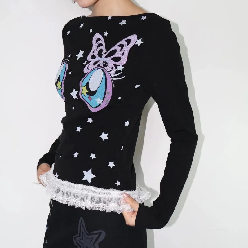 Sweet Cartoon Printed Slash Long Sleeve T-Shirt