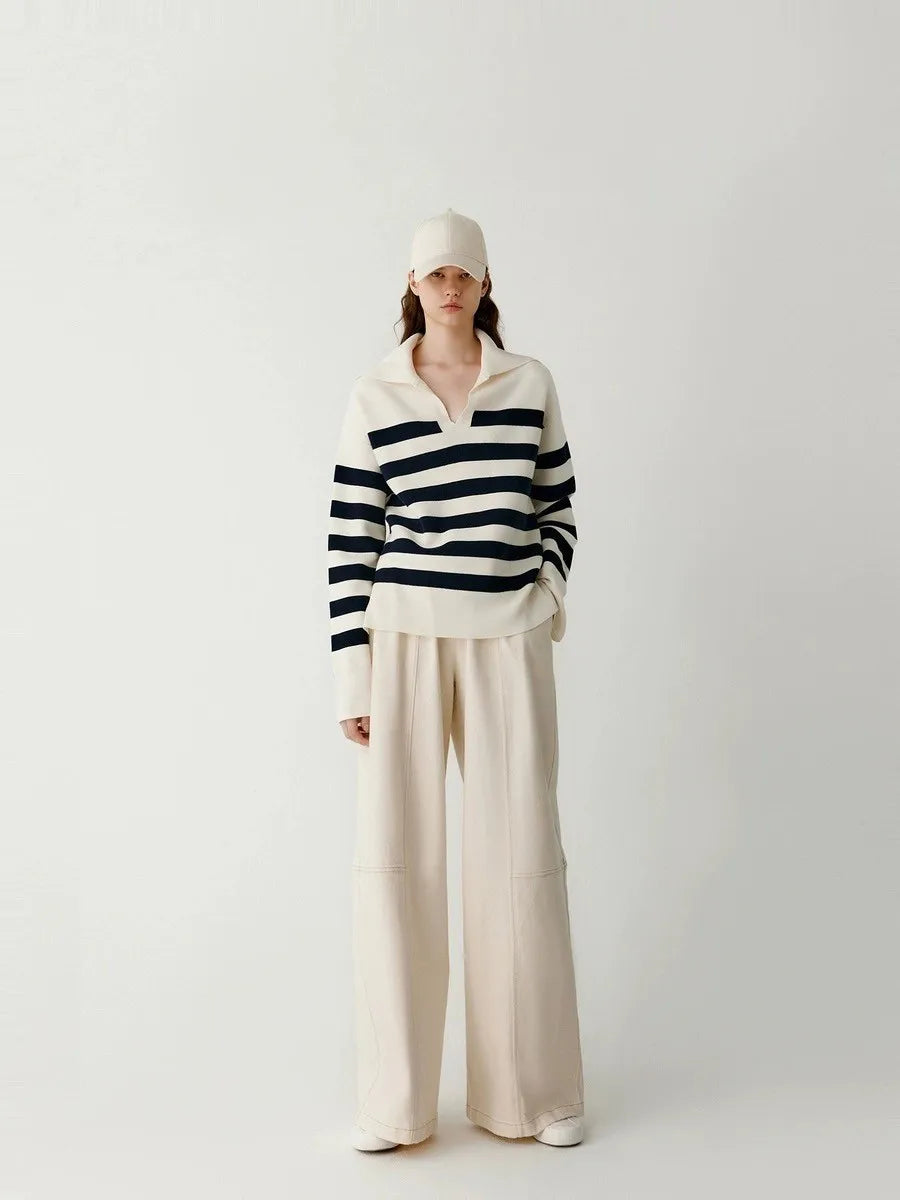 Women Navy Striped Loose Cashmere Sweater