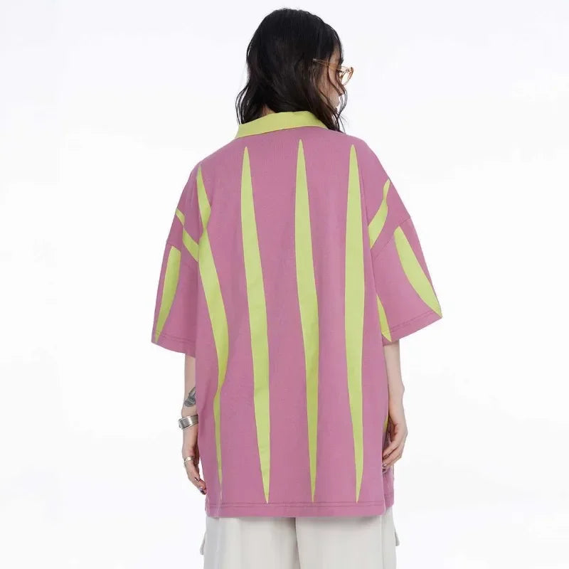 Women Retro Striped Lapel with Printed Polo T-Shirt