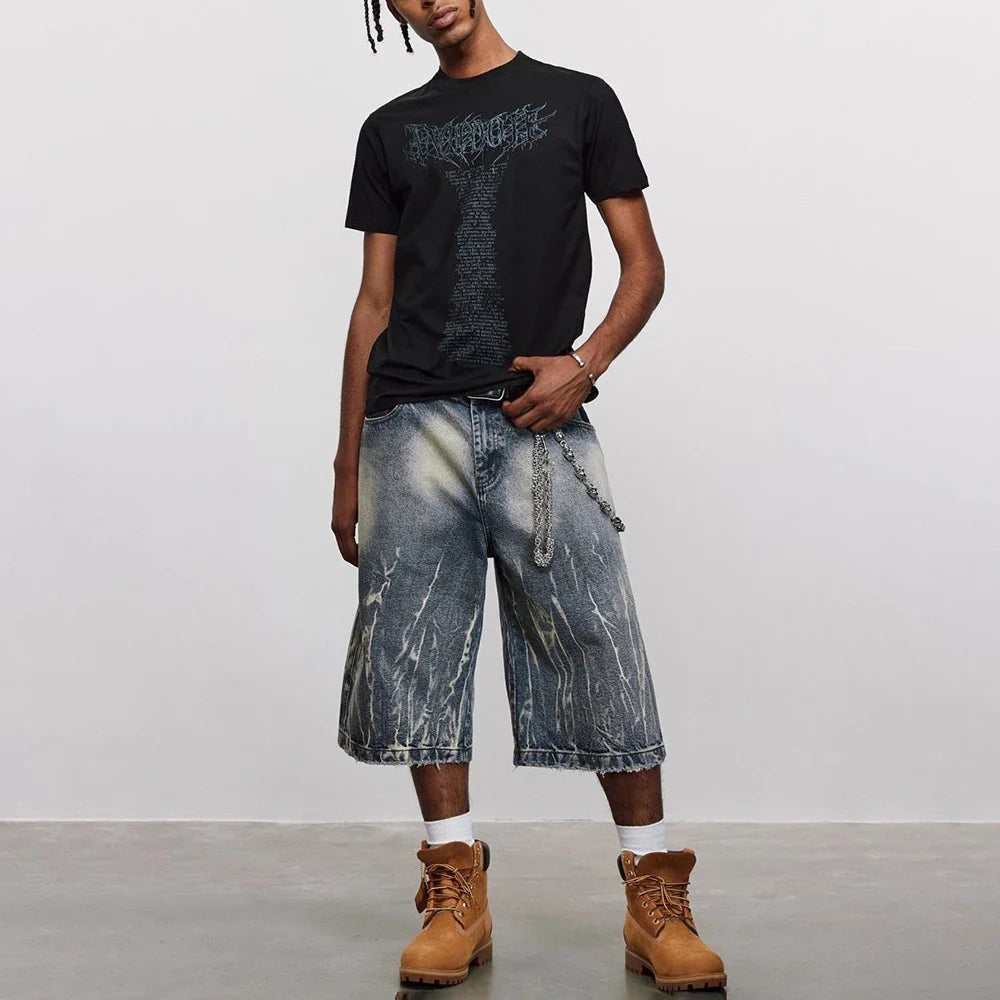 Lightning Pattern Washed Cropped Denim Jorts