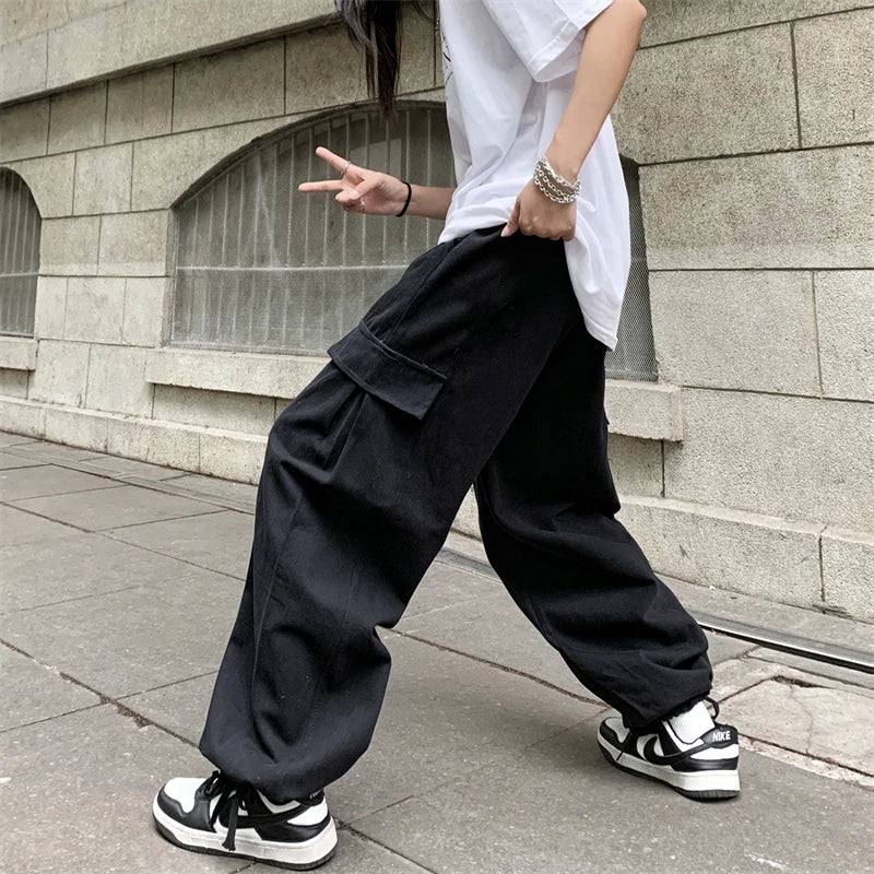 Comfortable Solid Color Wide Leg Cargo Pants