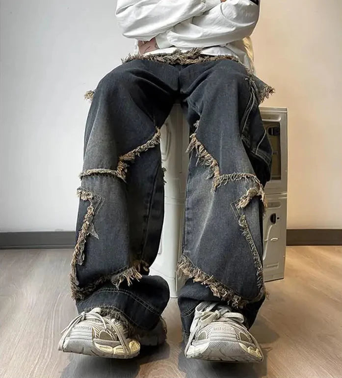 Fringe Distressed Vintage Style High-Waisted Jeans