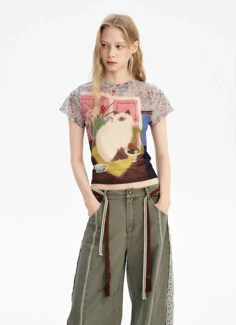 Women Retro Cat Print Short Sleeve T-Shirt