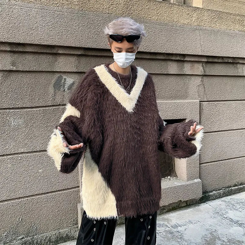 Contrast Color Oversized Fuzzy Fur Sweater