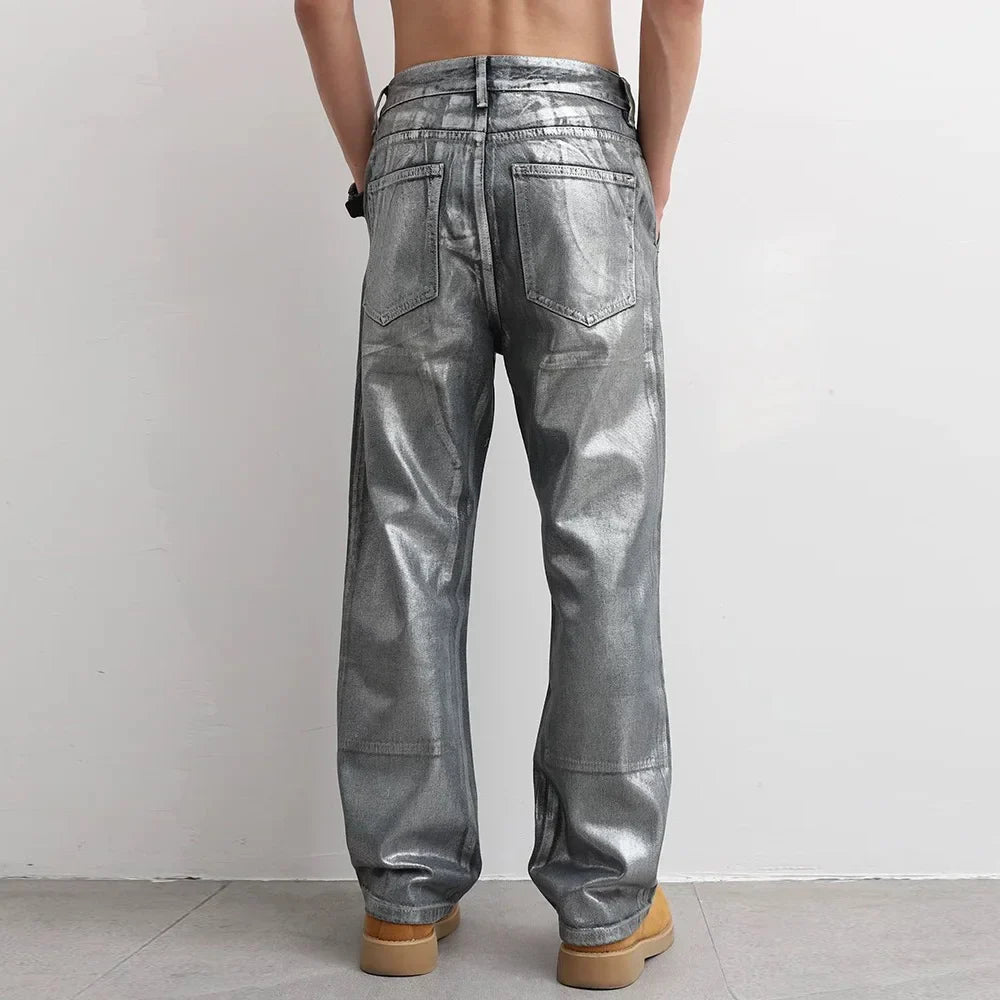 Streetwear Cool Silver Coated Casual Hip Hop Jeans
