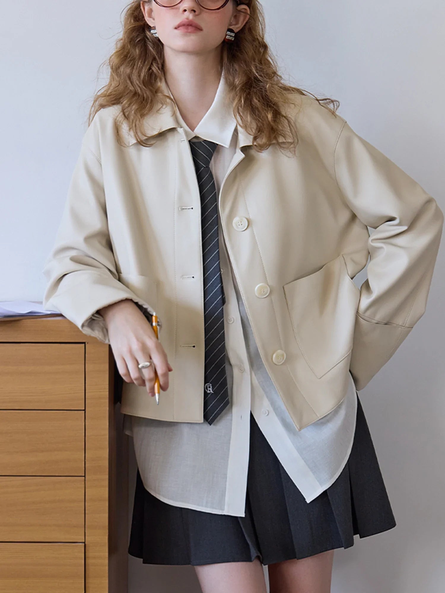 Retro-Lederjacke im koreanischen Stil, einreihig