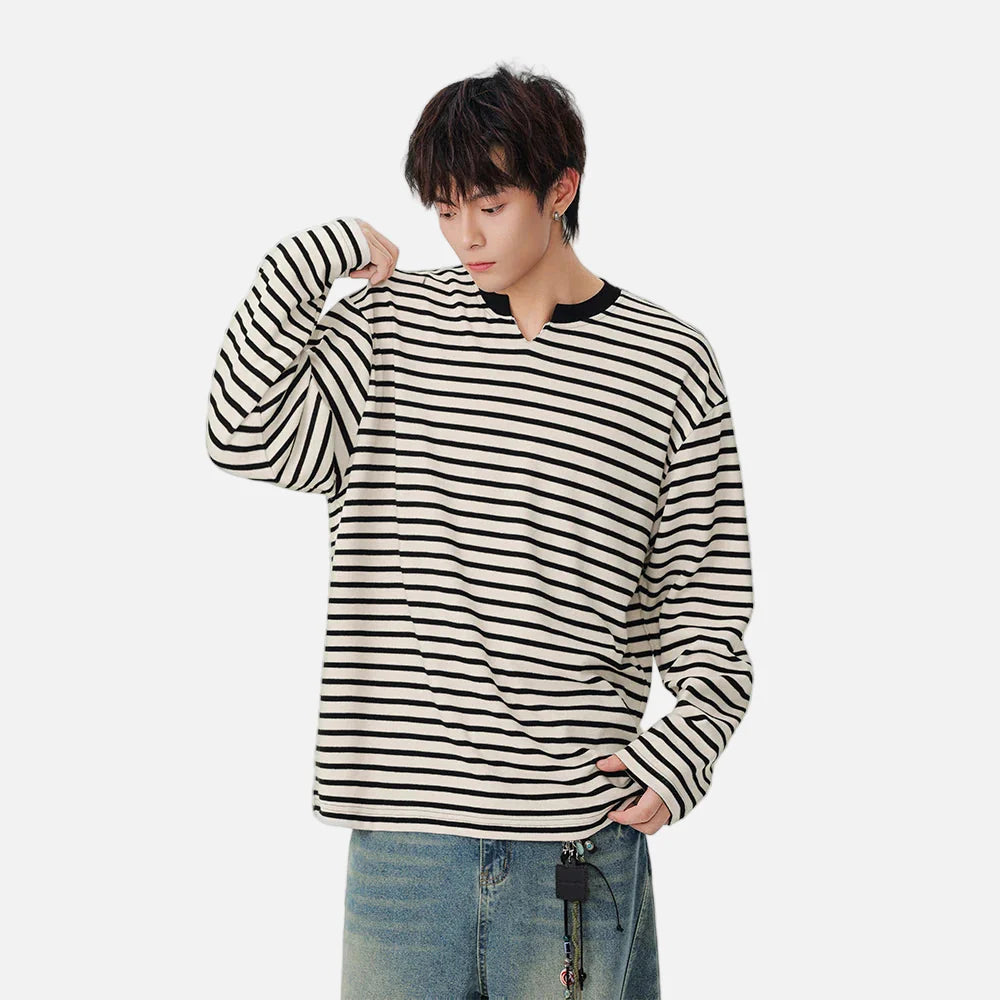 Striped Notch Neck Casual Long Sleeve T-Shirt
