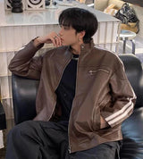 Gestreifte Freizeitjacke aus PU-Leder im koreanischen Stil
