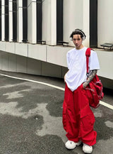 メンズ ストリートウェア レッドバイブ ルーズワイドレッグパンツ