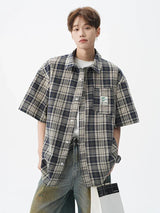 Chemise vintage à carreaux pour homme, manches courtes, poche