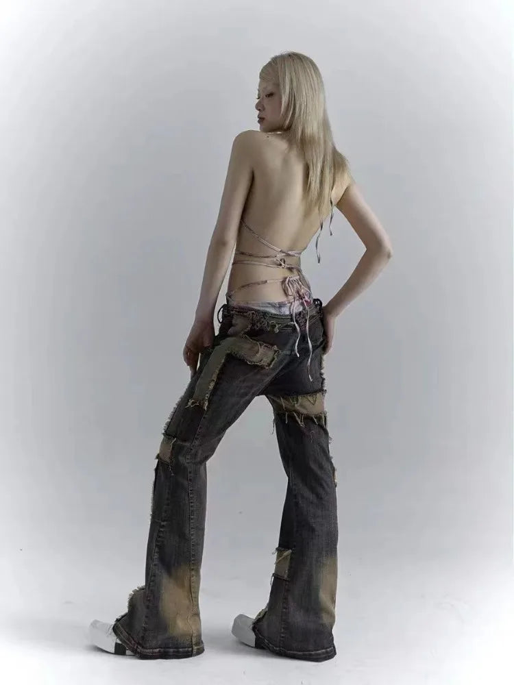 Gothic-Patchwork-Jeans mit Kreuzdesign und hohem Bund