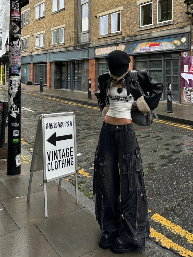 High Waist Black Hip Hop Gothic Cargo Jeans