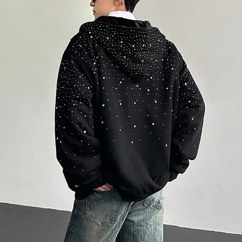 Diamond Patchwork Hooded Faux Fur Sweatshirt