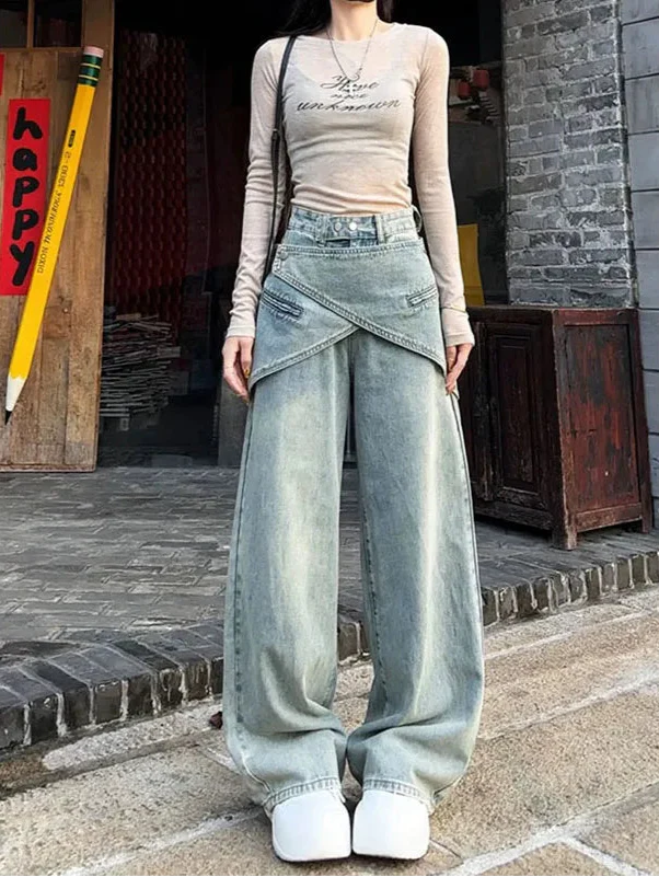 Y2K 쿨 빈티지 패치워크 블루 배기 진