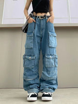 Multi-Pocket Blue Washed Cargo Pants