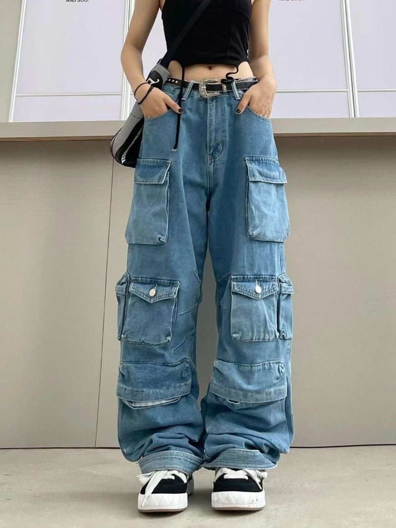 Multi-Pocket Blue Washed Cargo Pants
