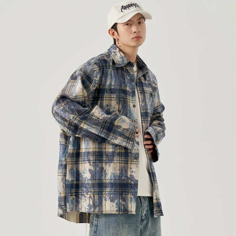 Chemise à carreaux tie-dye vintage automne pour homme