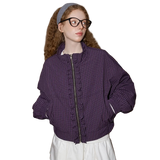 Damenjacke mit Reißverschluss, Vintage-Karo, Spitze, Puffärmeln und Reißverschluss