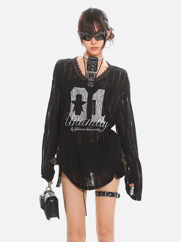 中空レースセクシーVネック長袖Tシャツ