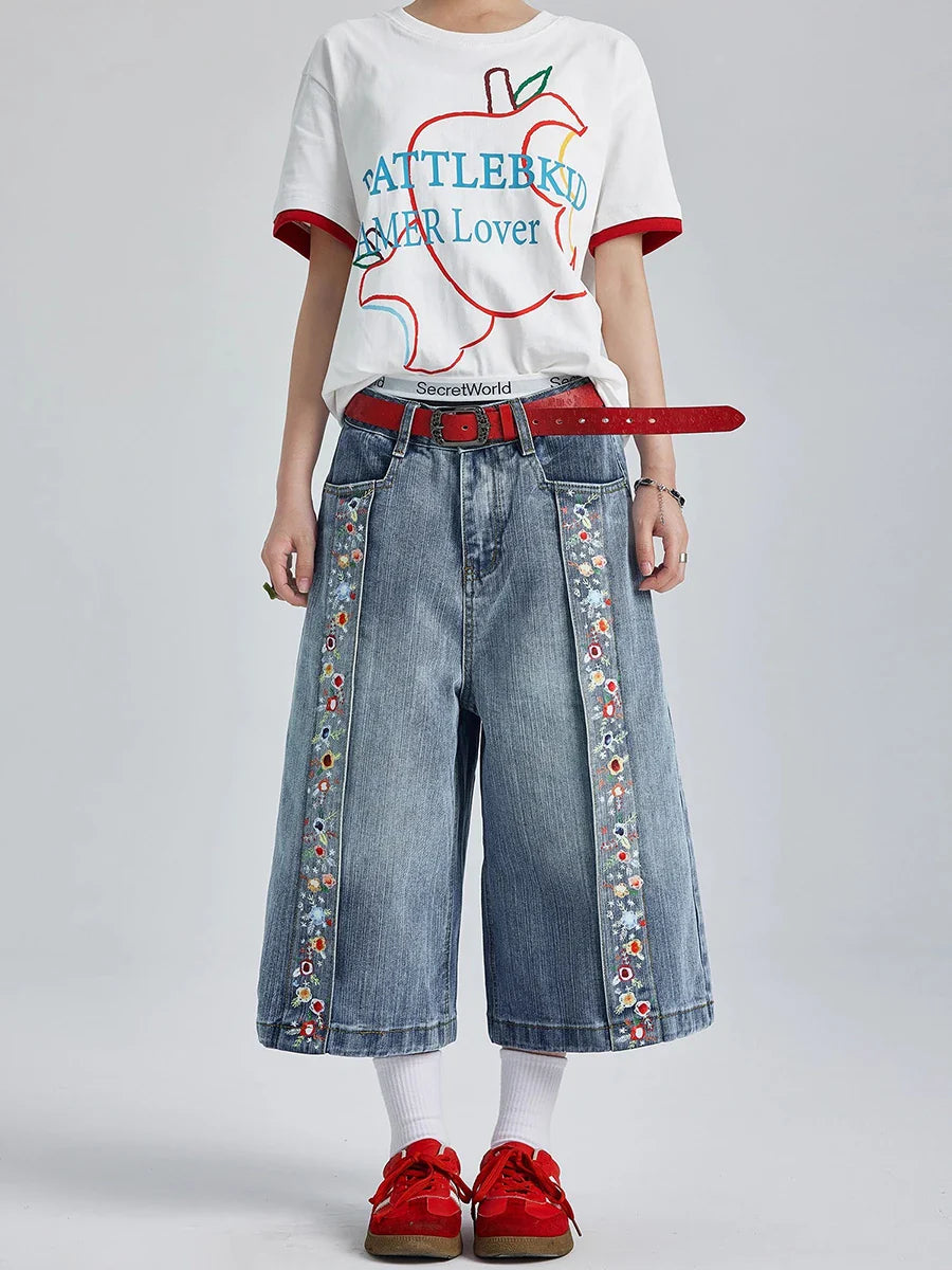 Vintage Wash Floral Print Denim Jorts