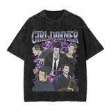 Anime Girl Dinner Print Washed T-Shirt