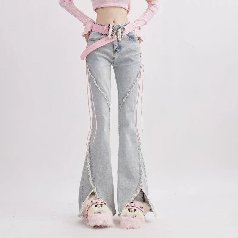 Damen Retro-Jeans aus Denim mit Schnürung, hohem Bund und geradem Bein
