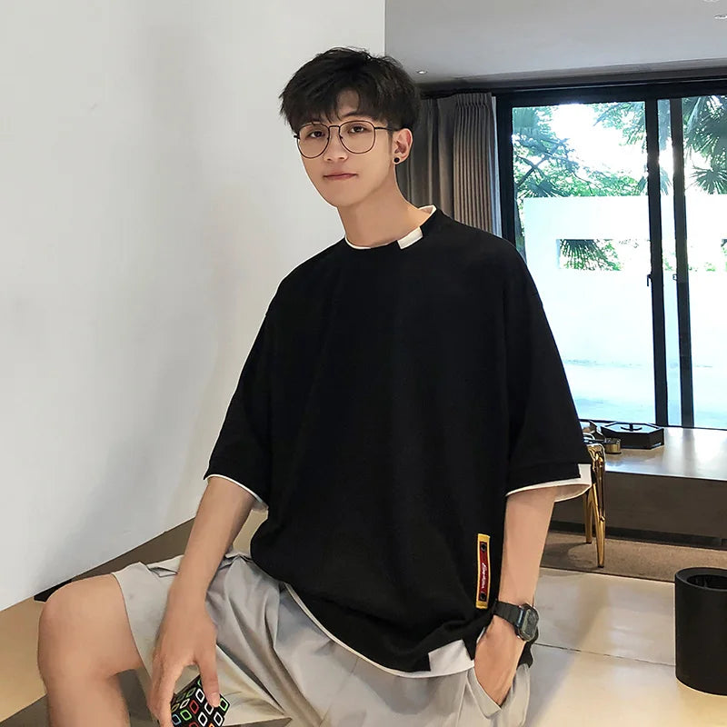 Summer Oversized Fake Two Piece Cotton T-Shirt