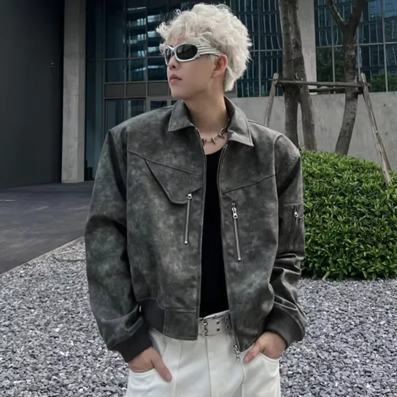 Men Pink Gradient Spring Leather Jacket