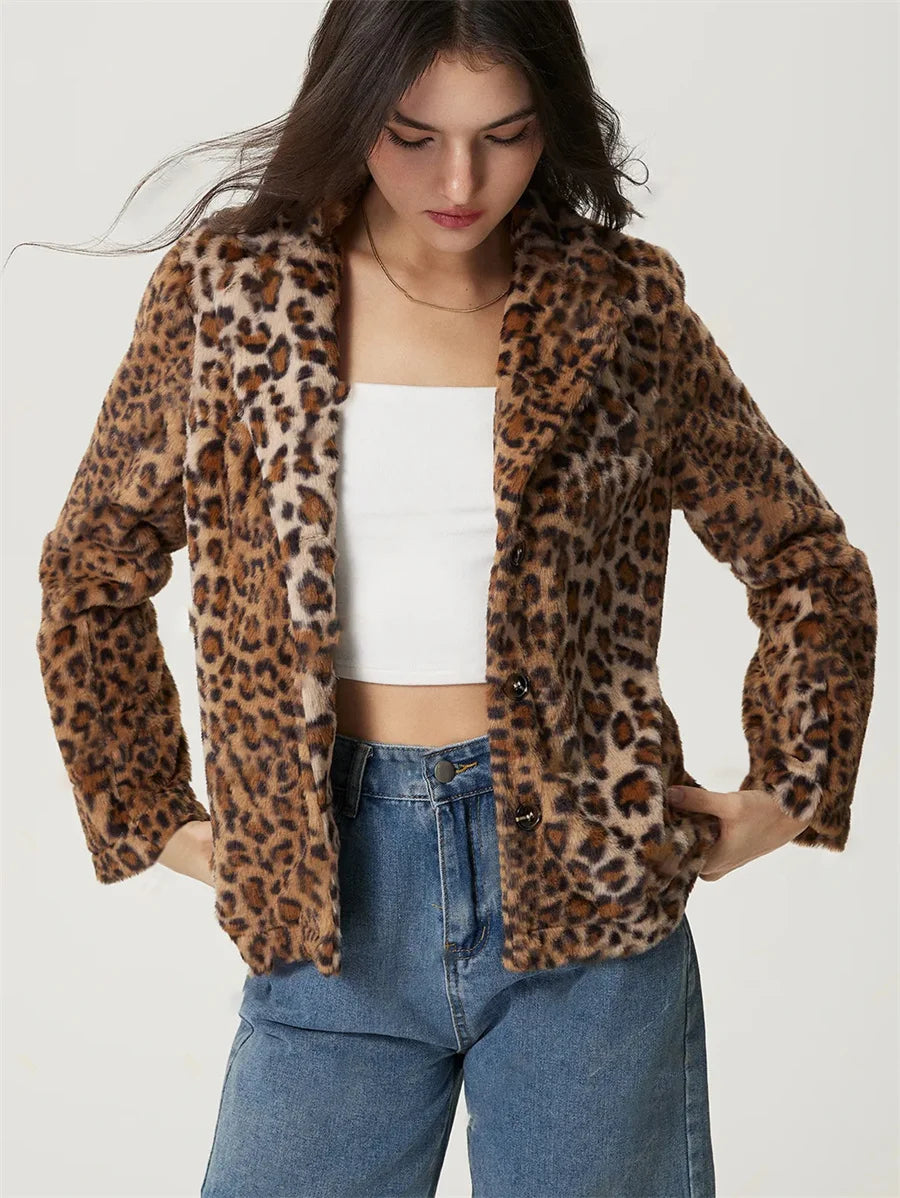 Veste en fausse fourrure à imprimé léopard pour femme