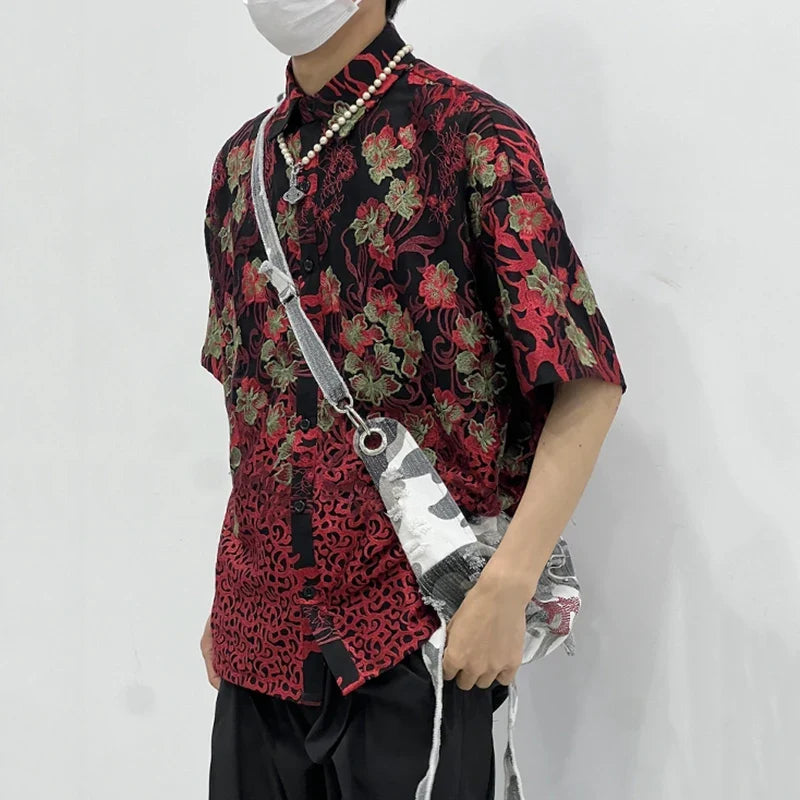 Herrenhemd im koreanischen Stil mit Blumenmuster und Reverskragen