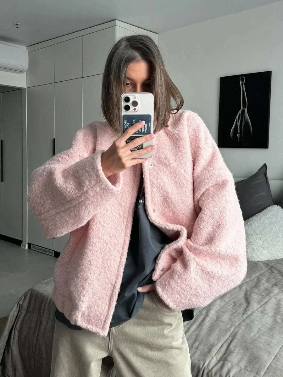 Damen-Strickjacke aus pinkfarbenem, elegantem Pelz