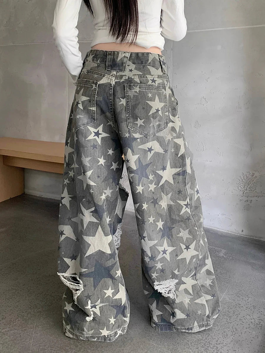 Camo Destroyed Loose Fit Boyfriend Denim Jeans