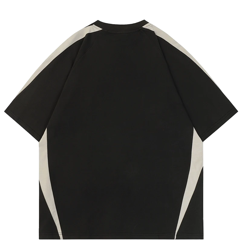 Black t-shirt with white side panels on a white background