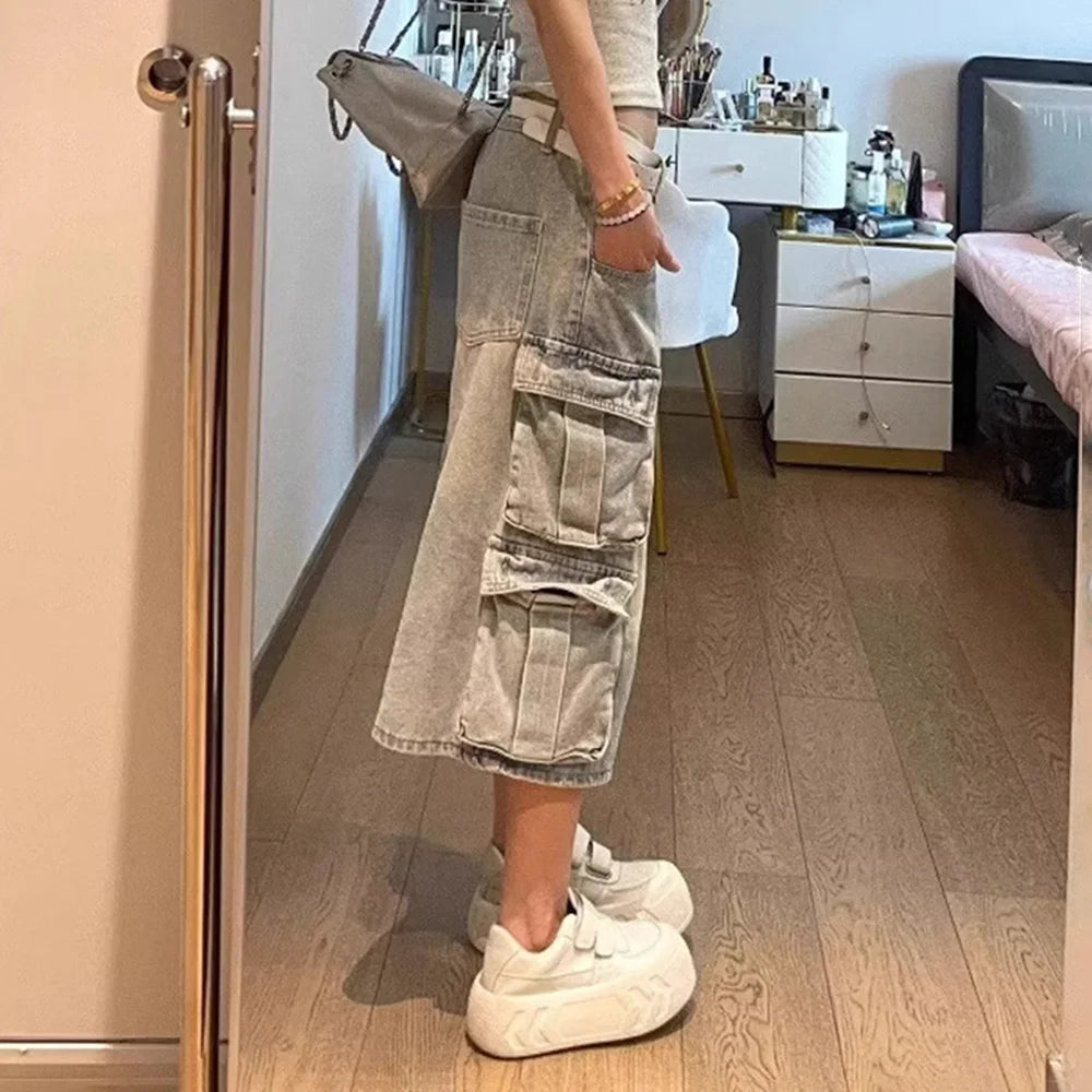 Streetwear Washed Denim Cargo Jorts