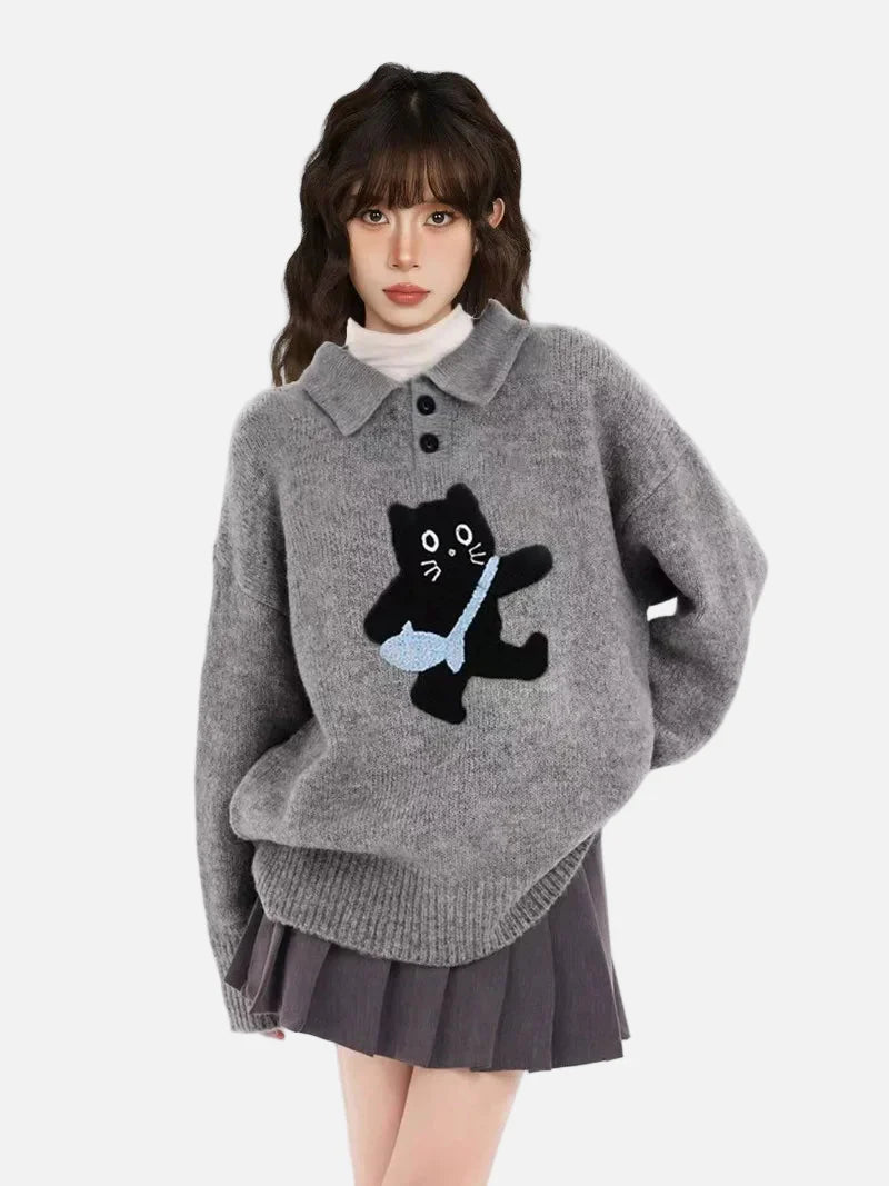 Winter Y2K Cozy Gray Cat Knit Sweater