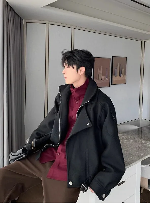 클래식 두꺼운 울 스탠드 칼라 파카 불규칙 재킷