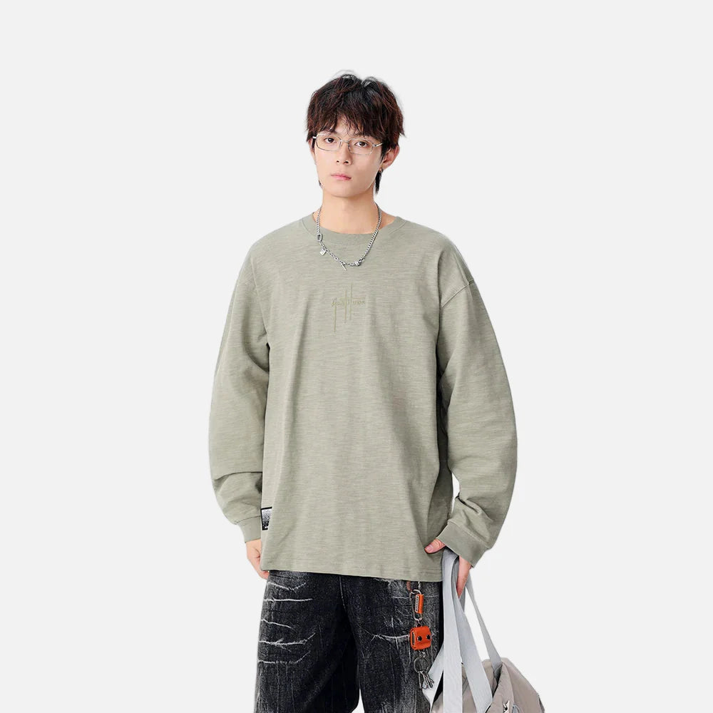 오래 지속되는 자수 로고 긴팔 티셔츠