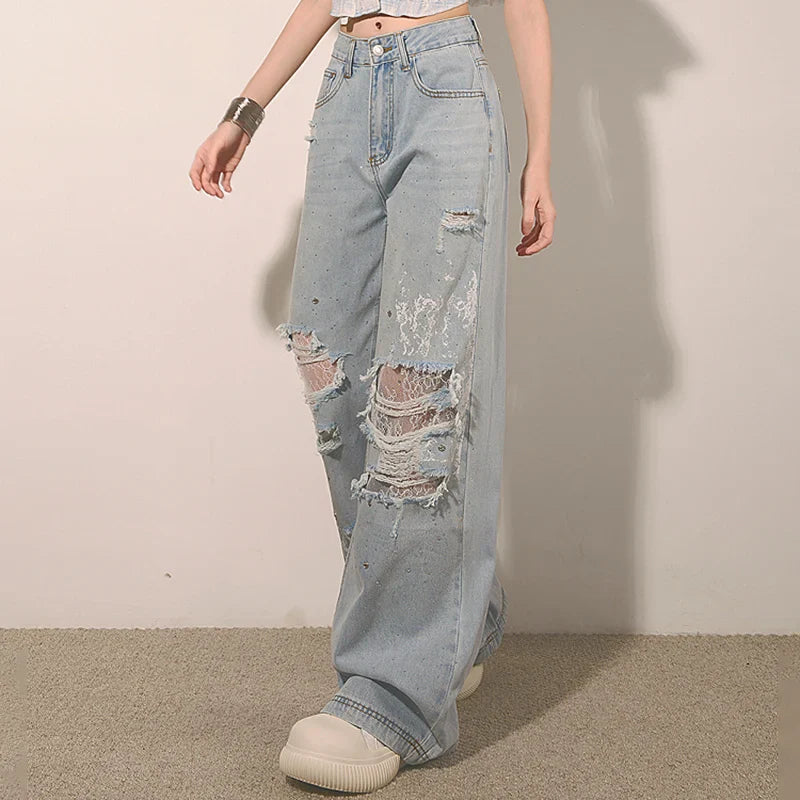 Women New Trendy Lace Hole High Jeans