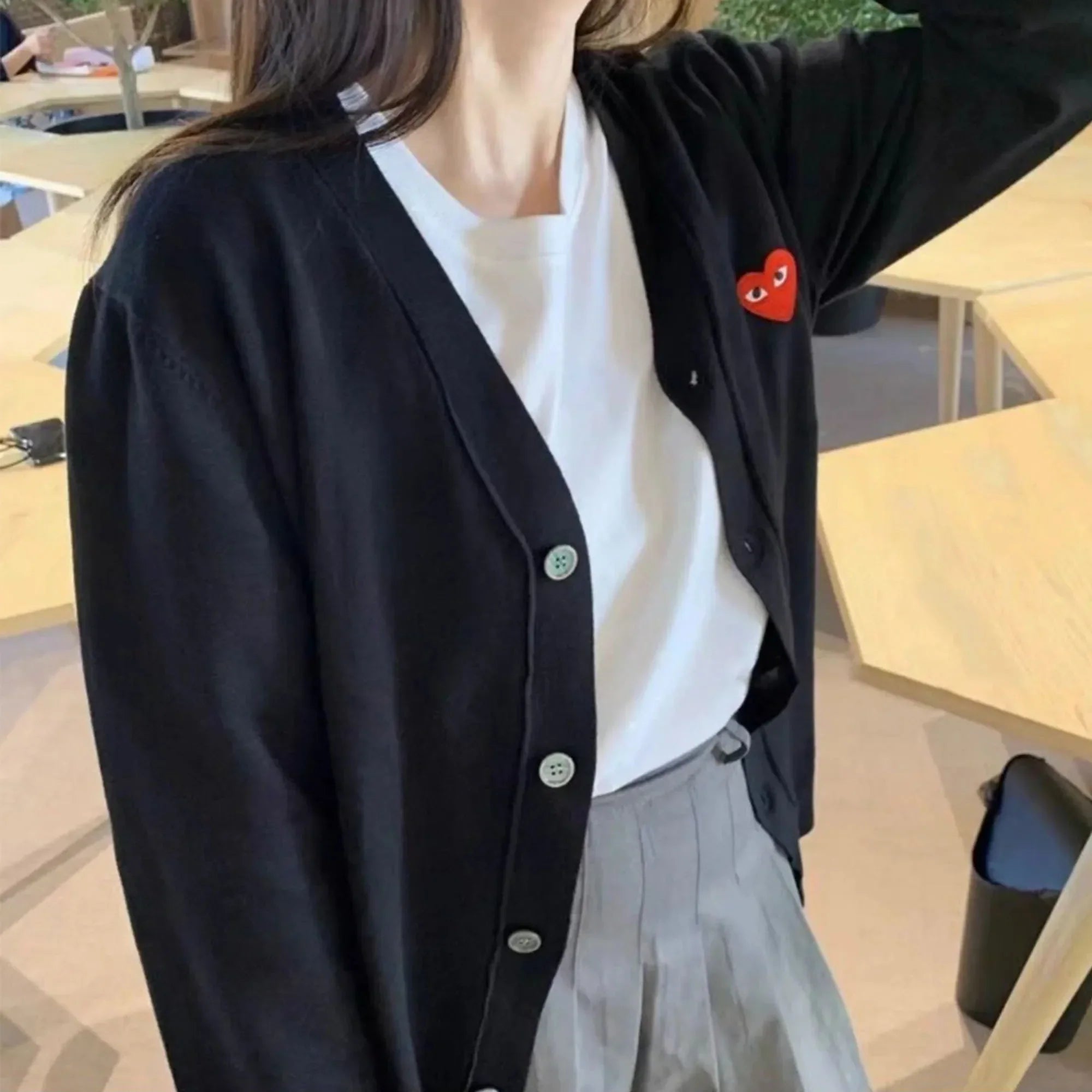 Y2K Heart Patch Button-Up Sweater