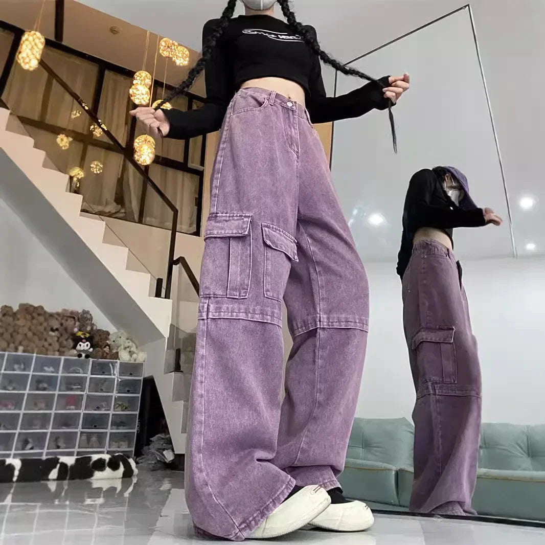 보라색 복고풍 멜빵 청바지