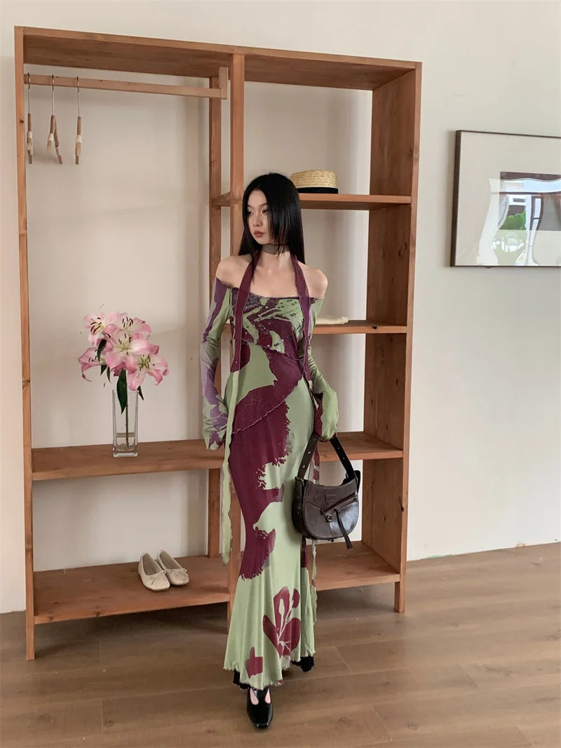 Y2K Off-Shoulder Mesh Maxi Dress