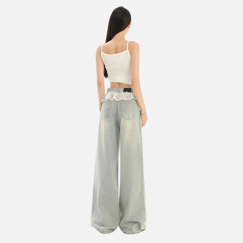 Retro Comfortable Lace-Edged High Waisted Jeans