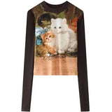 Vintage Retro Patchwork-T-Shirt mit Katzenmotiv