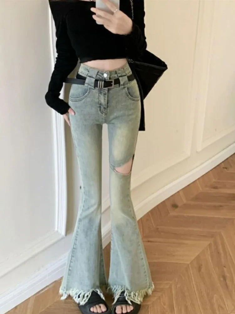 Jean évasé à franges taille haute pour femme
